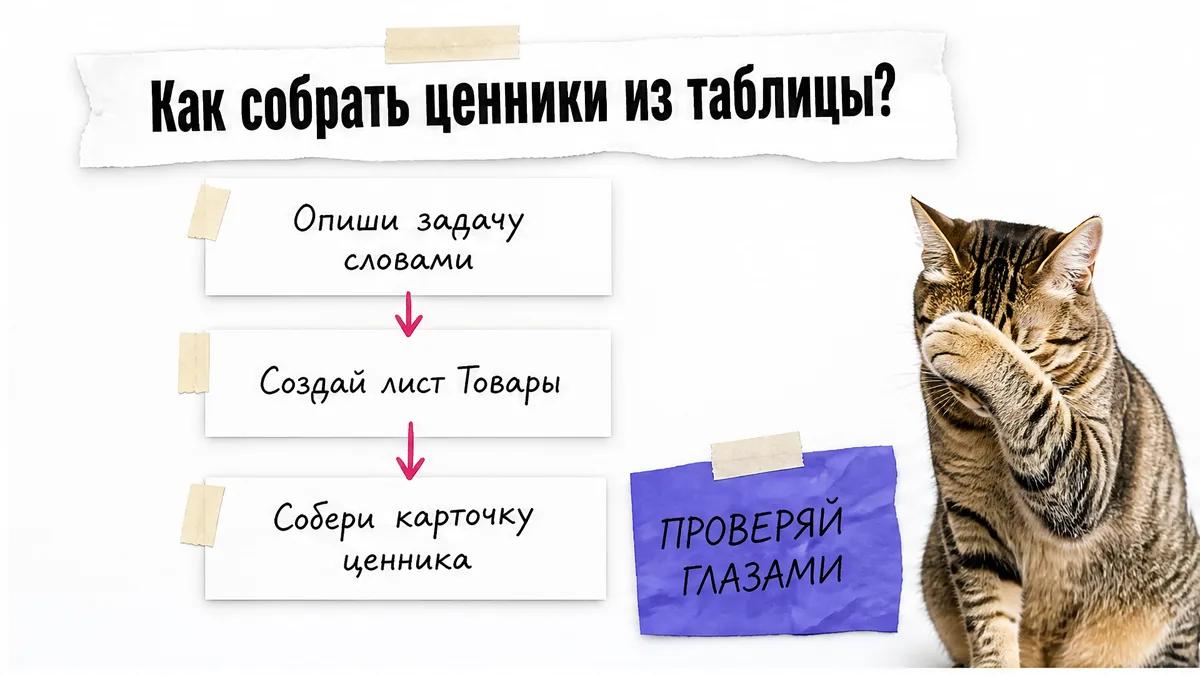 Кот смотрит на схему из трёх шагов сборки ценников.
