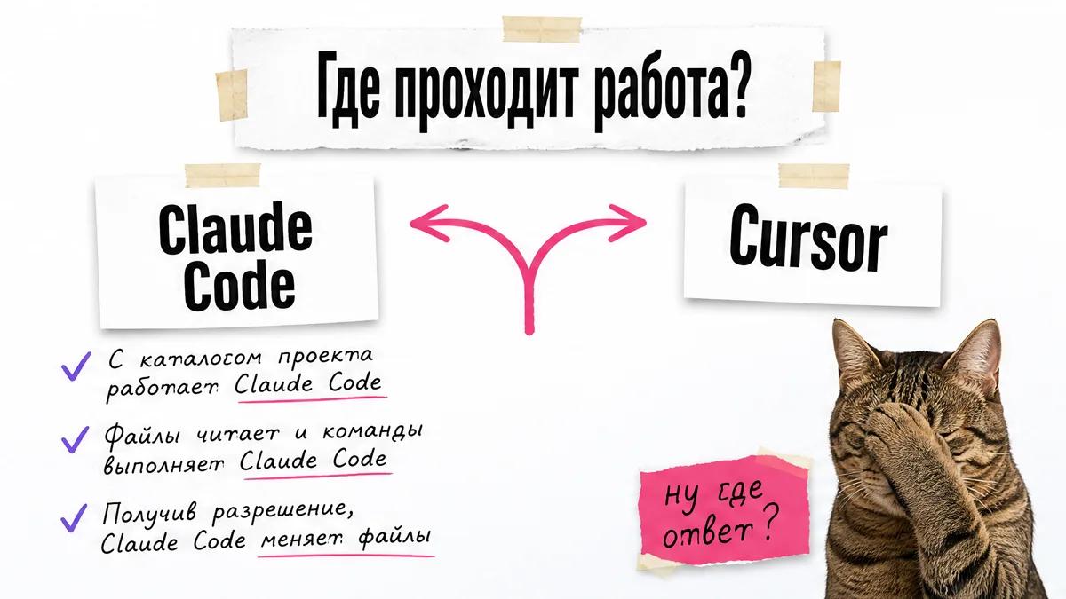 Кот фейспалмит рядом с развилкой между Claude Code и Cursor.