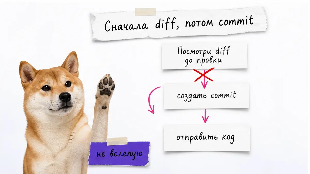 Собака проверяет карточку diff перед commit и отправкой кода.