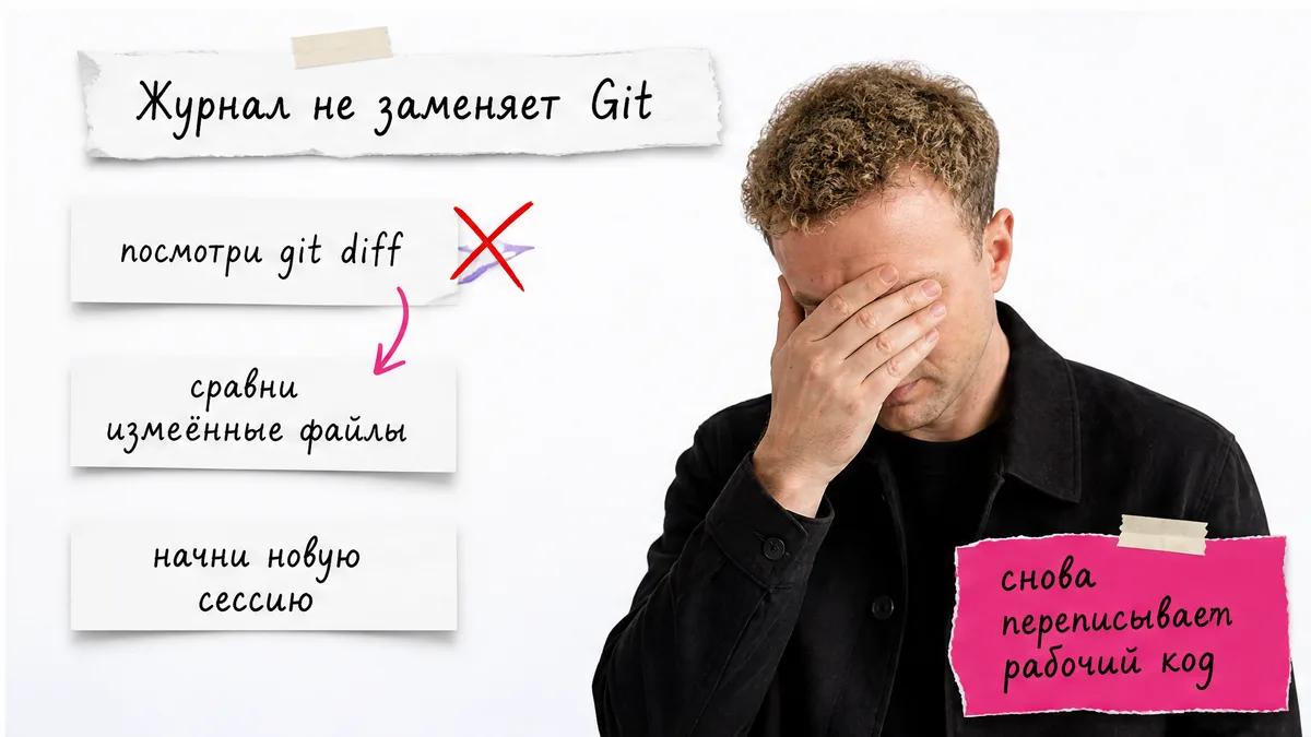 Мужчина закрывает лицо ладонью рядом с журналом решений и git diff.