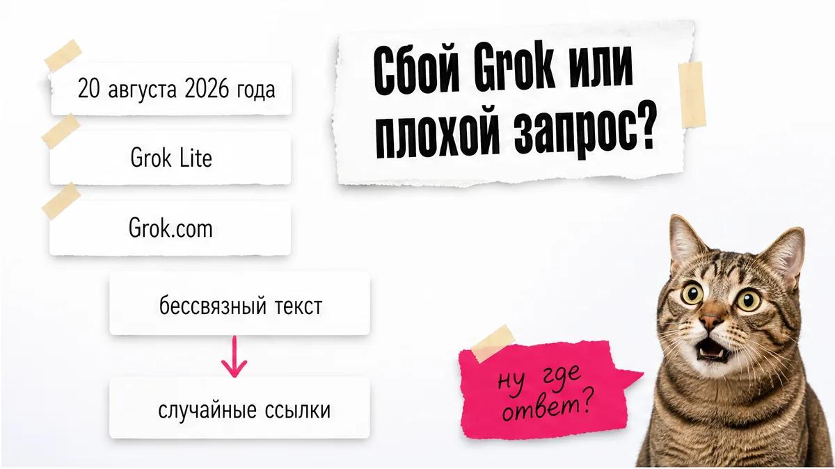 Кот в шоке смотрит на карточки с бессвязным текстом и случайными ссылками Grok.