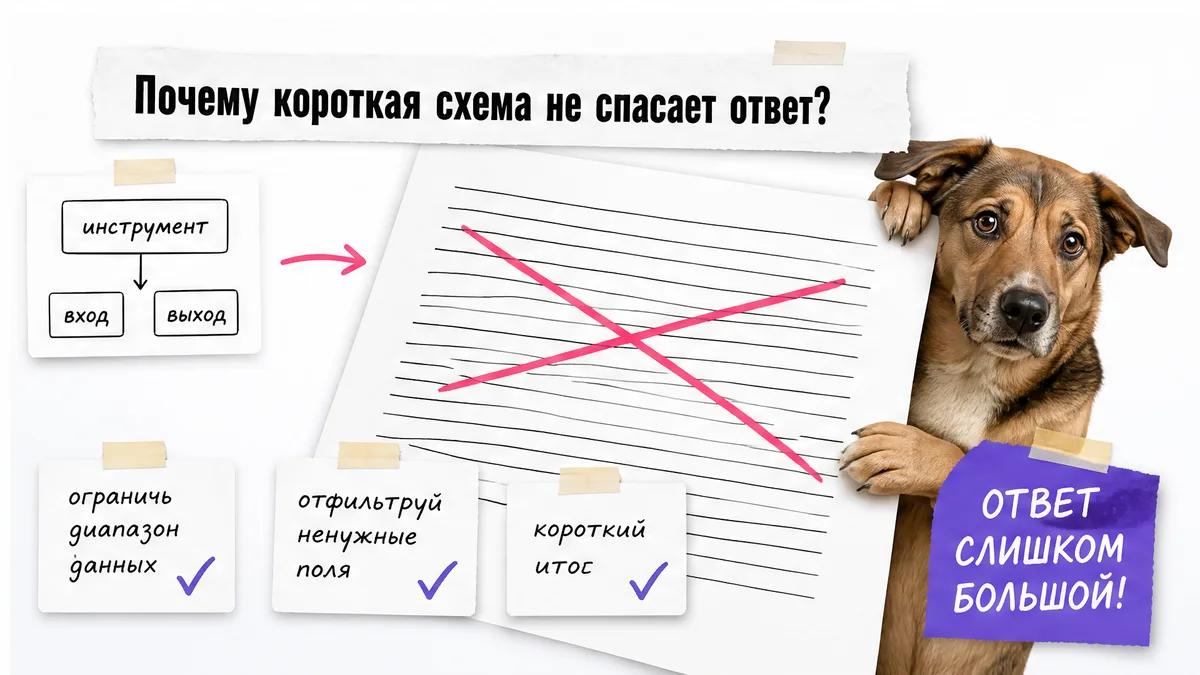 Пёс тревожно смотрит на переполненный ответ и карточки способов уменьшить данные.