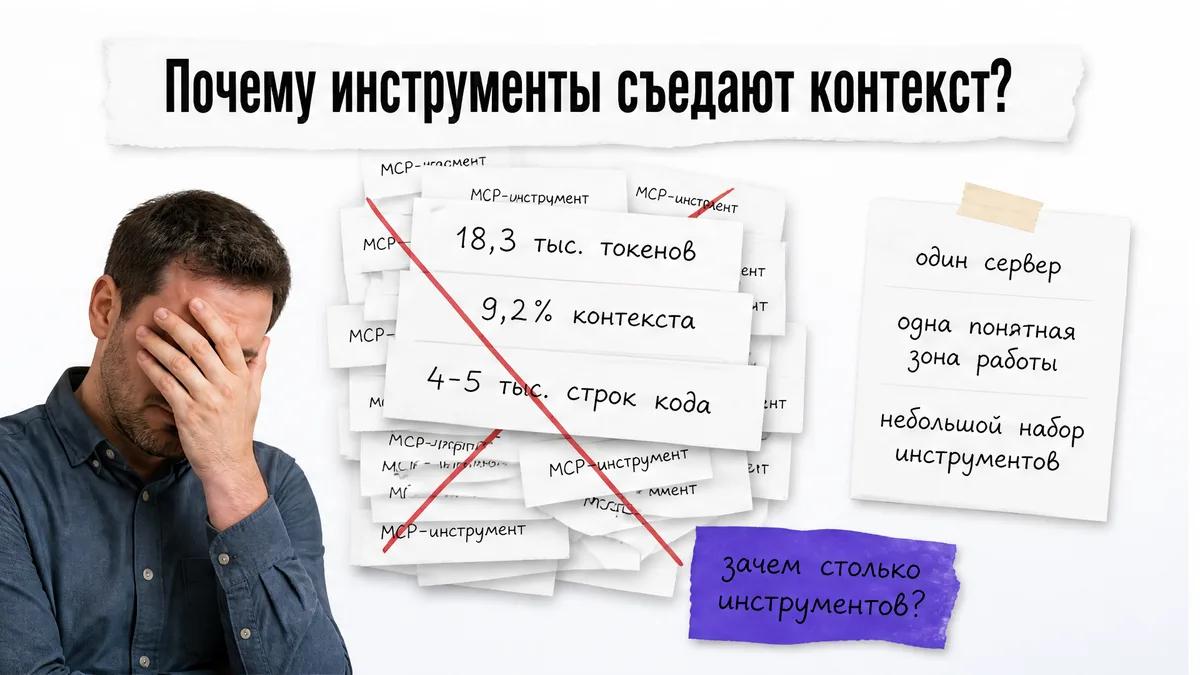 Мужчина прикрывает лицо рядом со множеством карточек MCP-инструментов и красным крестом.