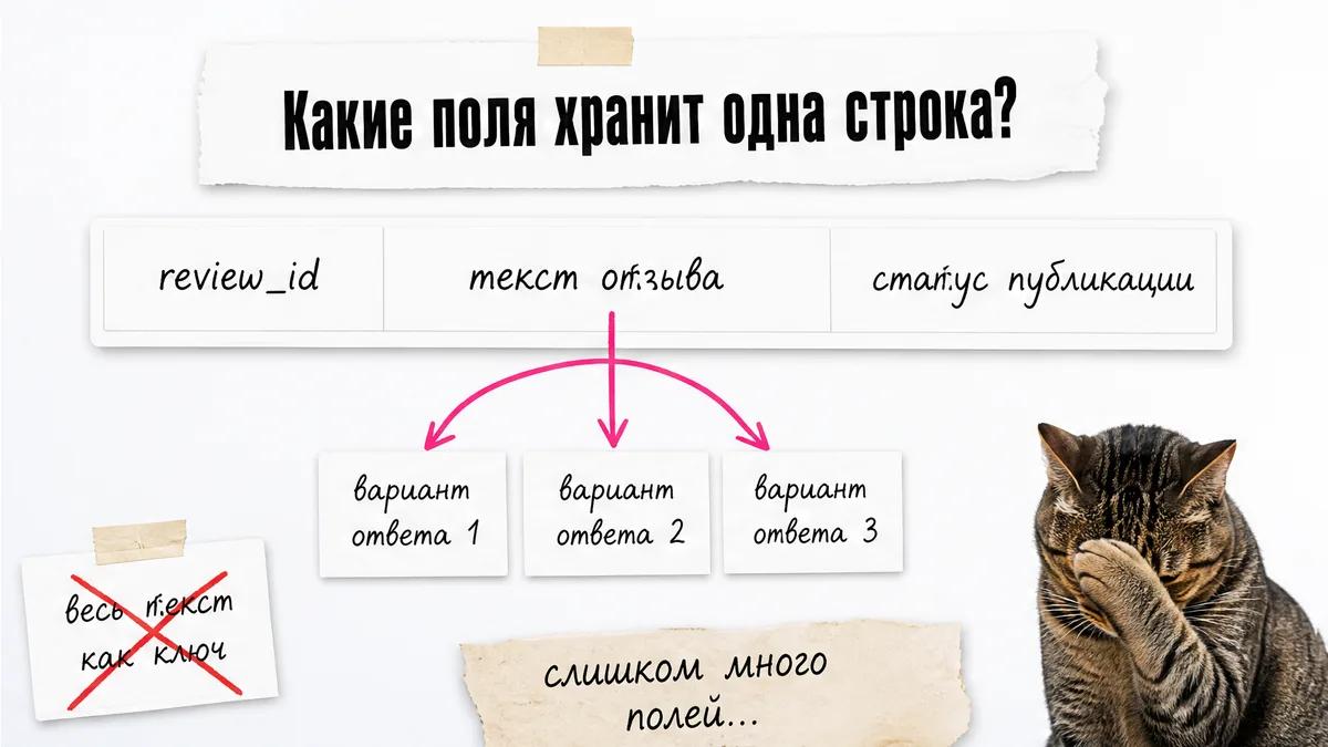 Кот в замешательстве смотрит на схему столбцов таблицы отзывов.