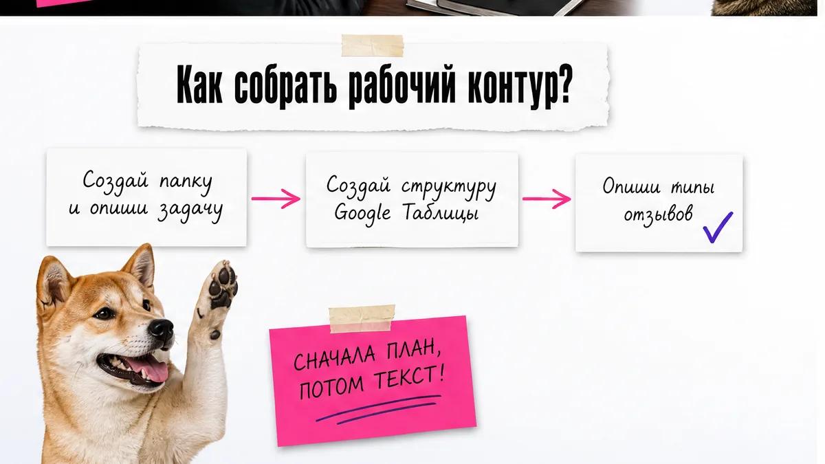 Собака удивлённо смотрит на карточки с семью шагами сборки таблицы.