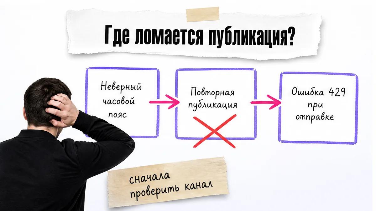 Безымянный человек держится за голову рядом с карточками ошибок публикации.