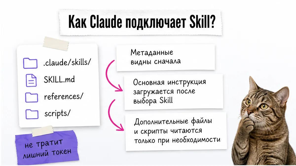 Кот смотрит на схему с папками Skills и последовательностью загрузки инструкций.